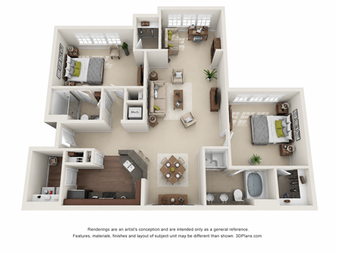 Floor plan for 2 beds, 2 baths, 1263 sqft